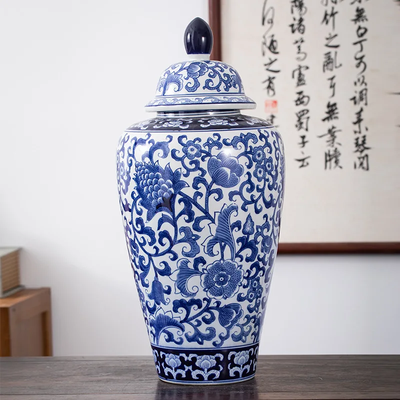 Yjq blue and white porcelain twisted lotus floor general jar villa Chinese ornament ceramic vase