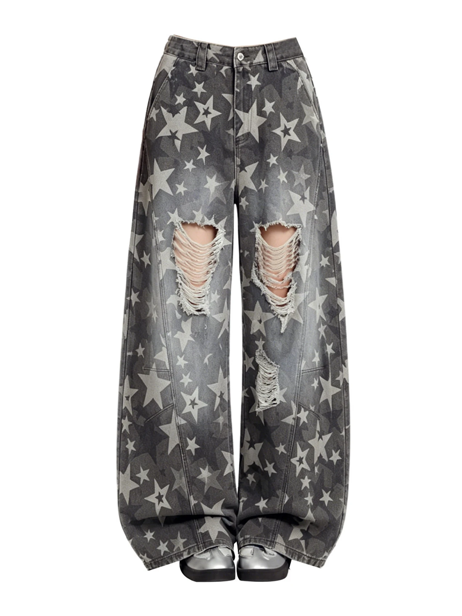 Women Black Gothic Y2k Gyaru Ripped Jeans Vintage Hiphop Grunge Star Jeans Pants Baggy Straight Wide Leg Denim Pants Summer 2026