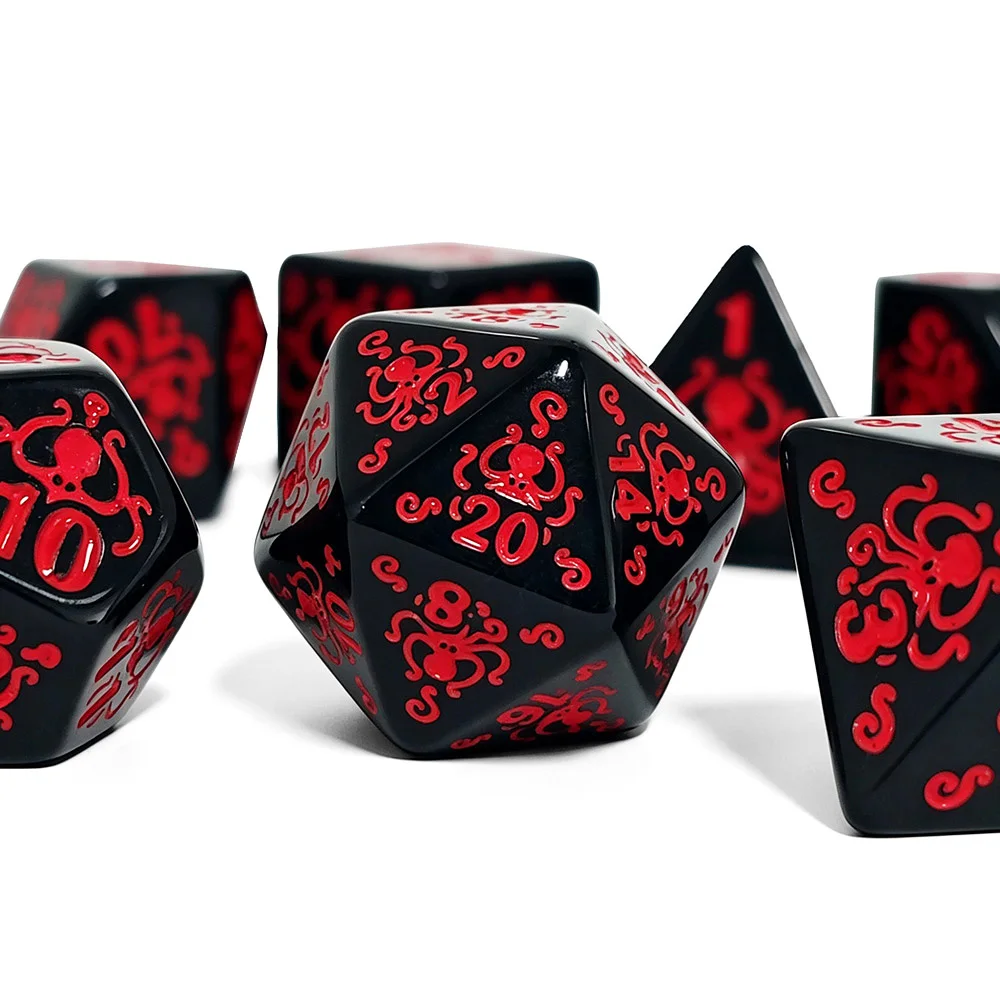 7Pcs Polyhedral Acrylic Dice Black With Red Numbers Cthulhu Octopus Theme For DND RPG Tabletop Board Game Party Gaming Supplies