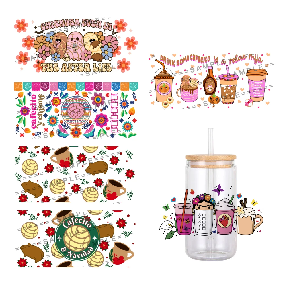 Mexico Style Love Flowers Pattern UV DTF Transfer Sticker Waterproof Transfers Decals For 16oz Glass Cup Wrap Stickers