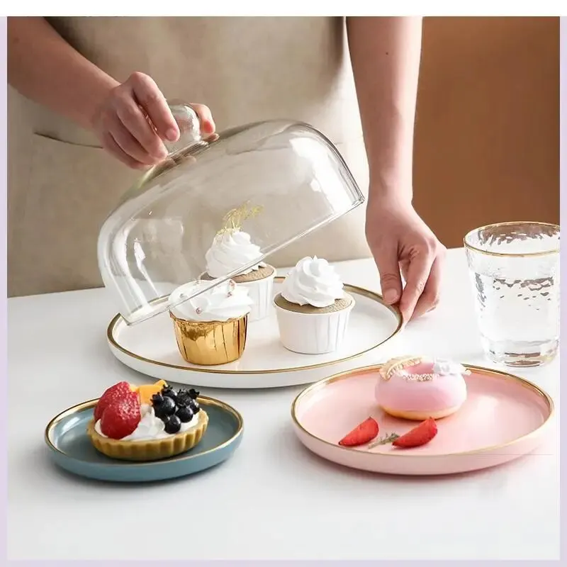 Ceramic Western Food Plate with Glass Cover Cake Tray Phnom Penh Matte Frosted Dessert Fruit Home Decor Storage