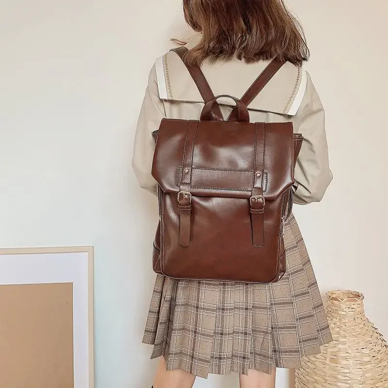 Japanese Jk School Bag Women Vintaeg Junior High PU Backpack Y2k Fashion Female Large Capacity University Preppy Style