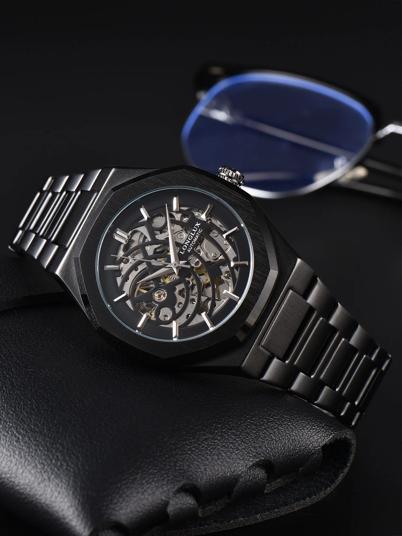 LONGLUX montre automatique affaires montres mécaniques simple squelette étanche en acier inoxydable rentable montre pour hommes cadeau