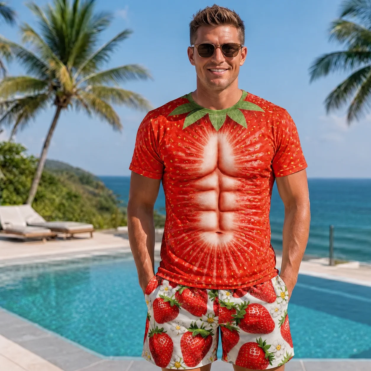 Men 3D Fake Muscle Strawberry Print Short Sleeve T Shirt Matching Strawberry Floral Funny Fruit tshirt Summer Casual tee shirt