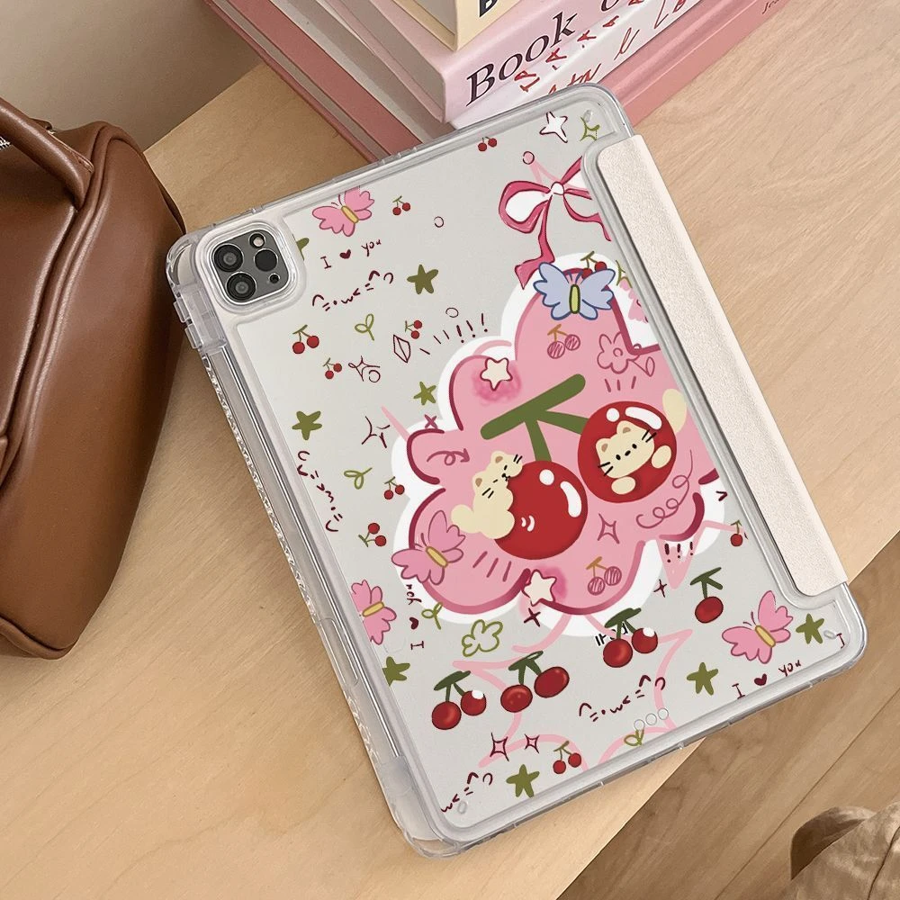 Cute Cherry Cat Tablet Case For iPad Pro 11 12.9 13 A16 M2 M4 M3 M5 Shell 8.3 9.7 10.2 5/6/7/8/9/10/11th Mini Air 3 4 5 6 Cover