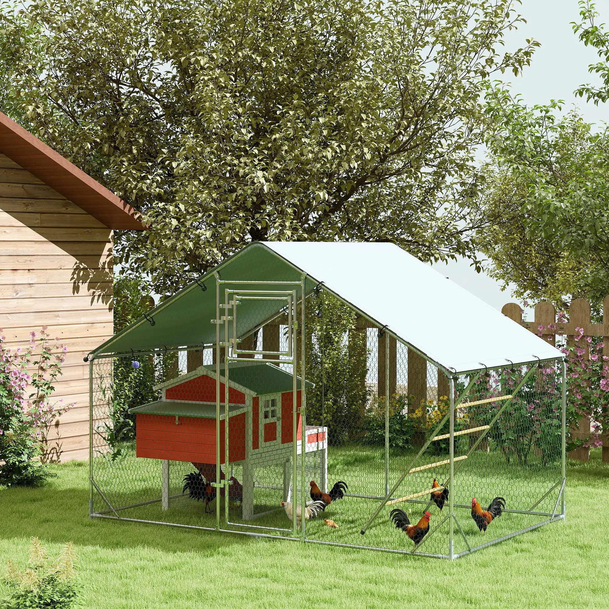 PawHut Free-range stalen kippenhok met UV-bestendig dakbedekking Zilver