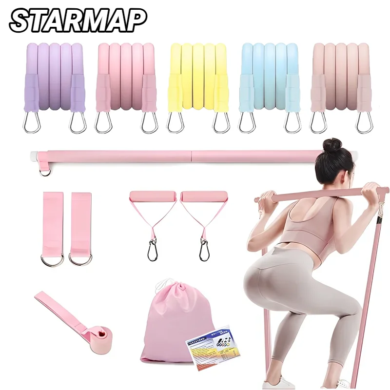 Multifunktionales Spannungsseil-Fitness-Stretchgerät für Bauchmuskeltraining zu Hause, Pilates-Stick-Set in Macaron-Farben