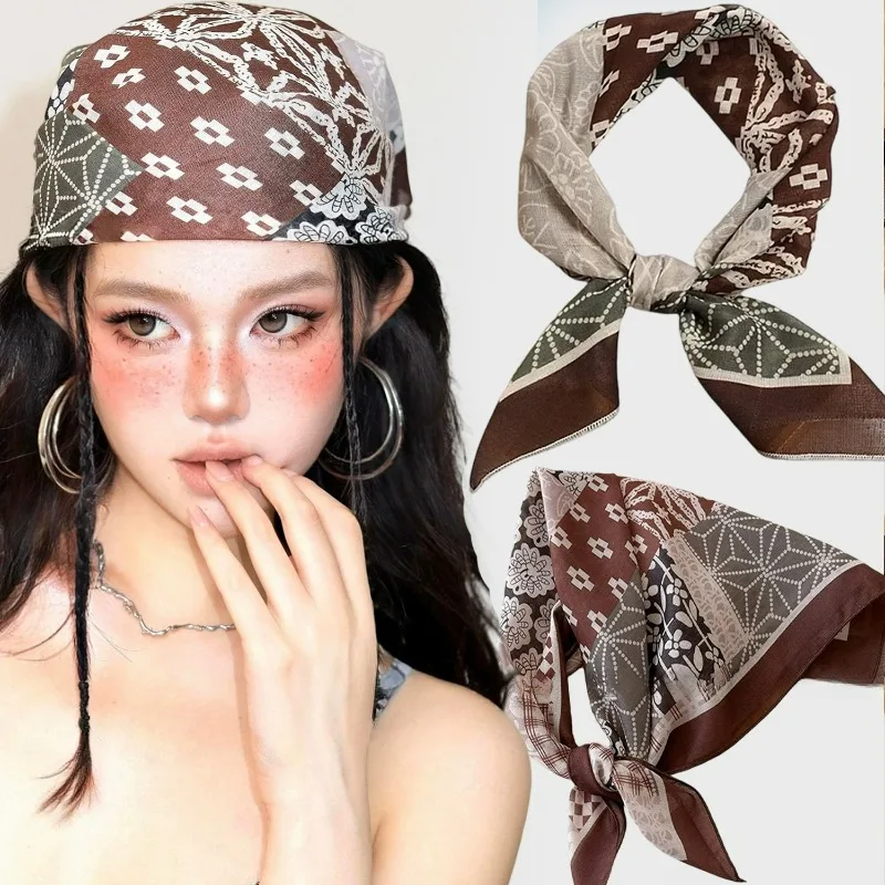 

Пряная девушка с цветочным принтом в стиле пэчворк, платок в американском стиле, хип-хоп, Y2K, ретро, большой размер, квадратный шарф, элегантный шейный платок для девочек