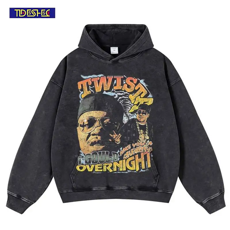 

Harajuku 2025, толстовка с портретным принтом, винтажная стираная эластичная одежда в стиле хип-хоп, уличная толстовка, свободный пуловер, трендовый оверсайз с капюшоном