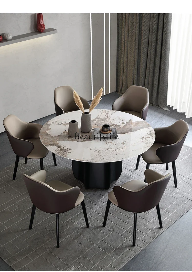 

Modern simple rock slab round table light luxury round table with turntable solid wood round dining table