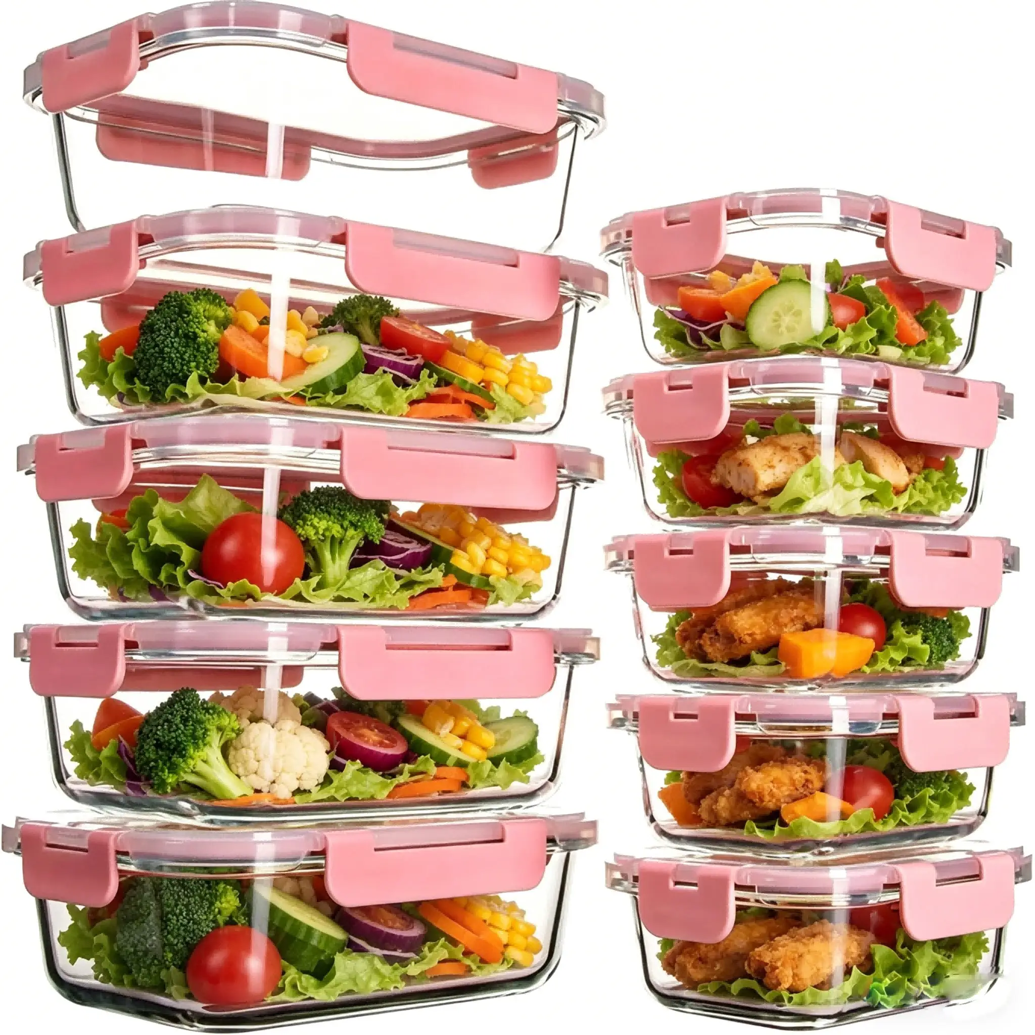 Meal Prep Freezer - ชุดกล่องแก้วสำหรับเตรียมอาหาร 10 ชิ้น ดีไซน์ทันสมัย โปร่งใส พร้อมฝาปิดสีชมพูแบบแน่นสนิท