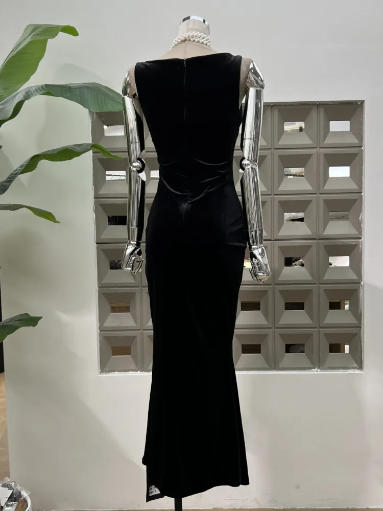 DFDG 2025, Frühling, Sommer, Damen, Vintage, eleganter Druck, Rundhalsausschnitt, ärmelloses Kleid, figurbetontes Meerjungfrau-Abendkleid