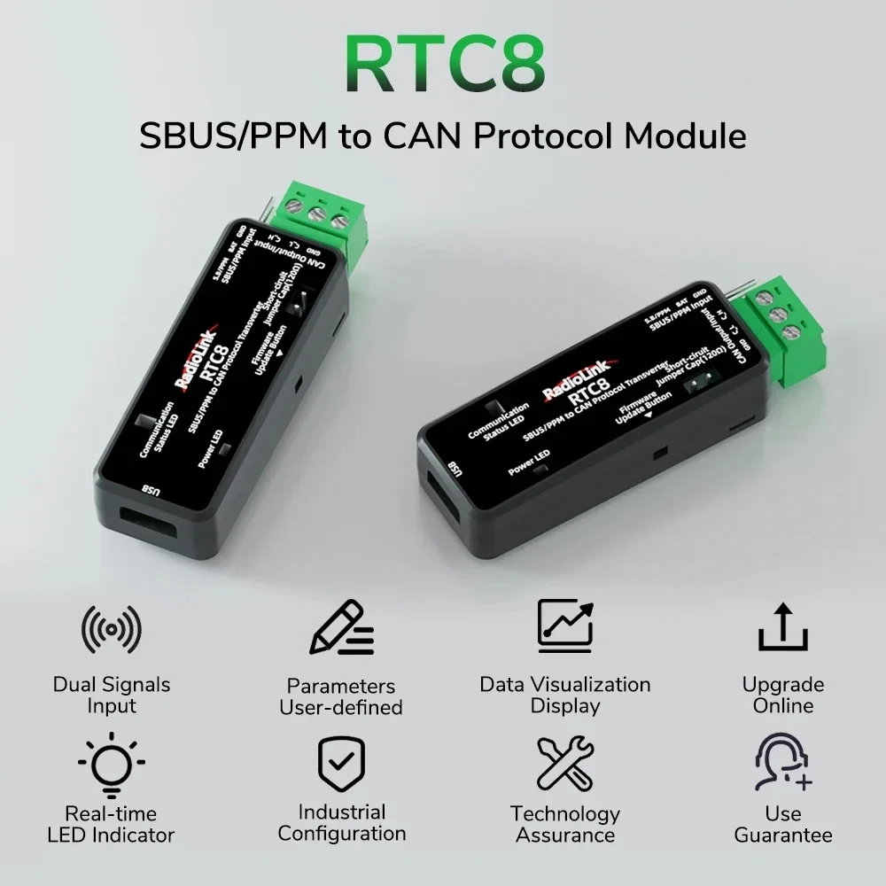 Radiolink RTC8 SBUS PPM to CAN 프로토콜 모듈, 듀얼 신호 입력, 앱 파라미터 커스터마이징, 스마트 카, DJI 짐벌에 적합