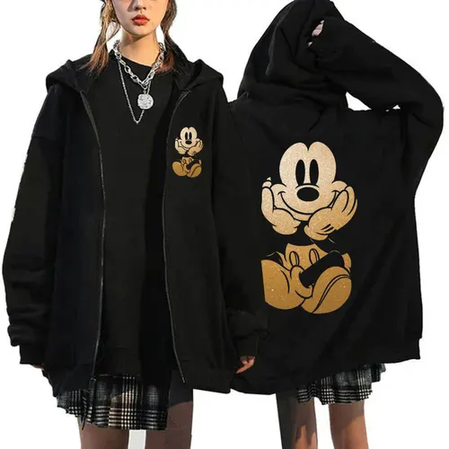 2025 Sudaderas con capucha nuevas para mujer Productos de Disney Sudadera con patrón de Mickey Mouse Chaqueta Otoño Invierno Sudaderas con capucha de manga larga con cremallera de gran tamaño