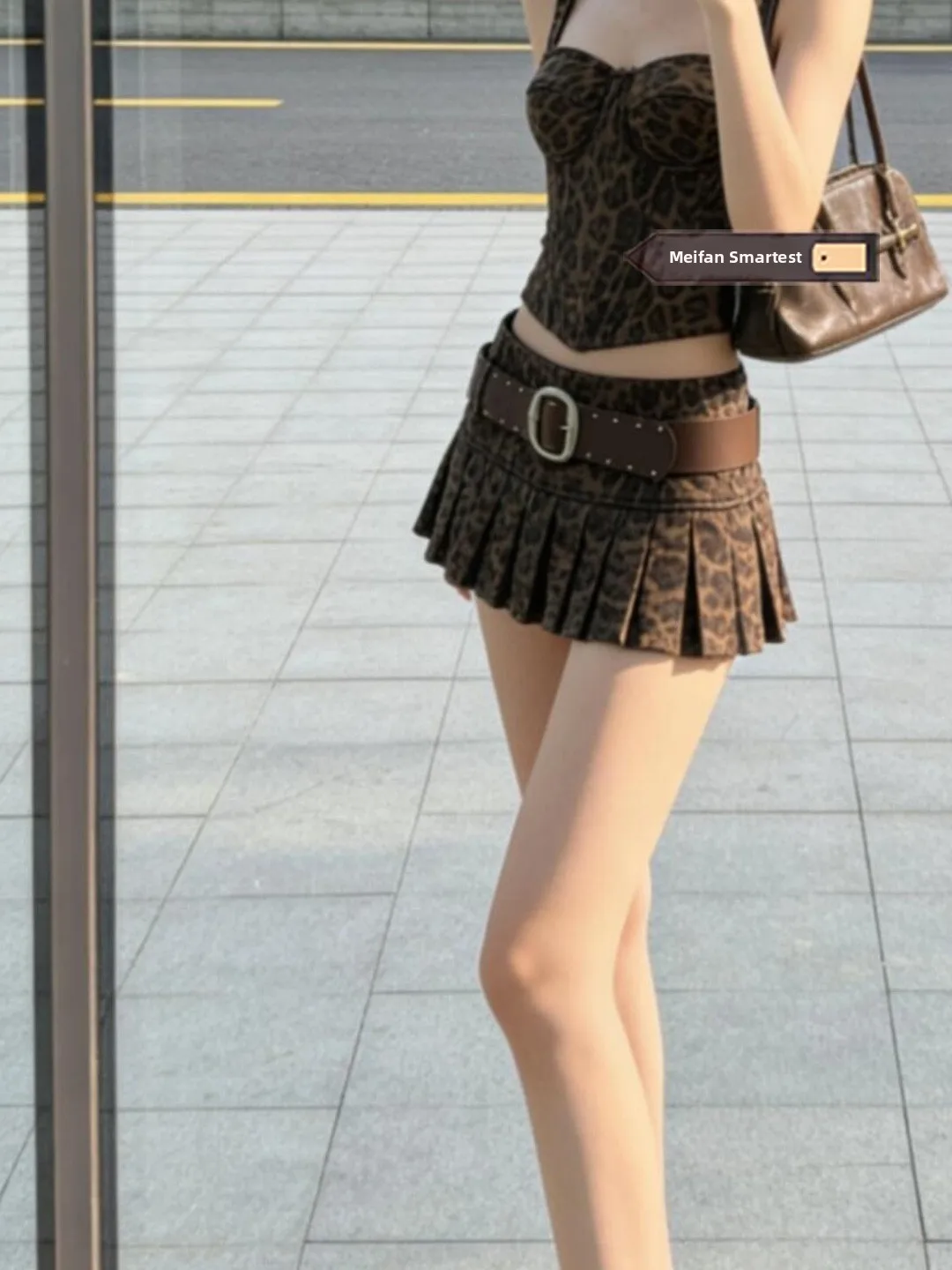 Sweet Style Leopard Print Half Skirt with Belt Women's Spicy Short Pleated Summer New Arrival  Skirt Low Waist Cake Skirt
