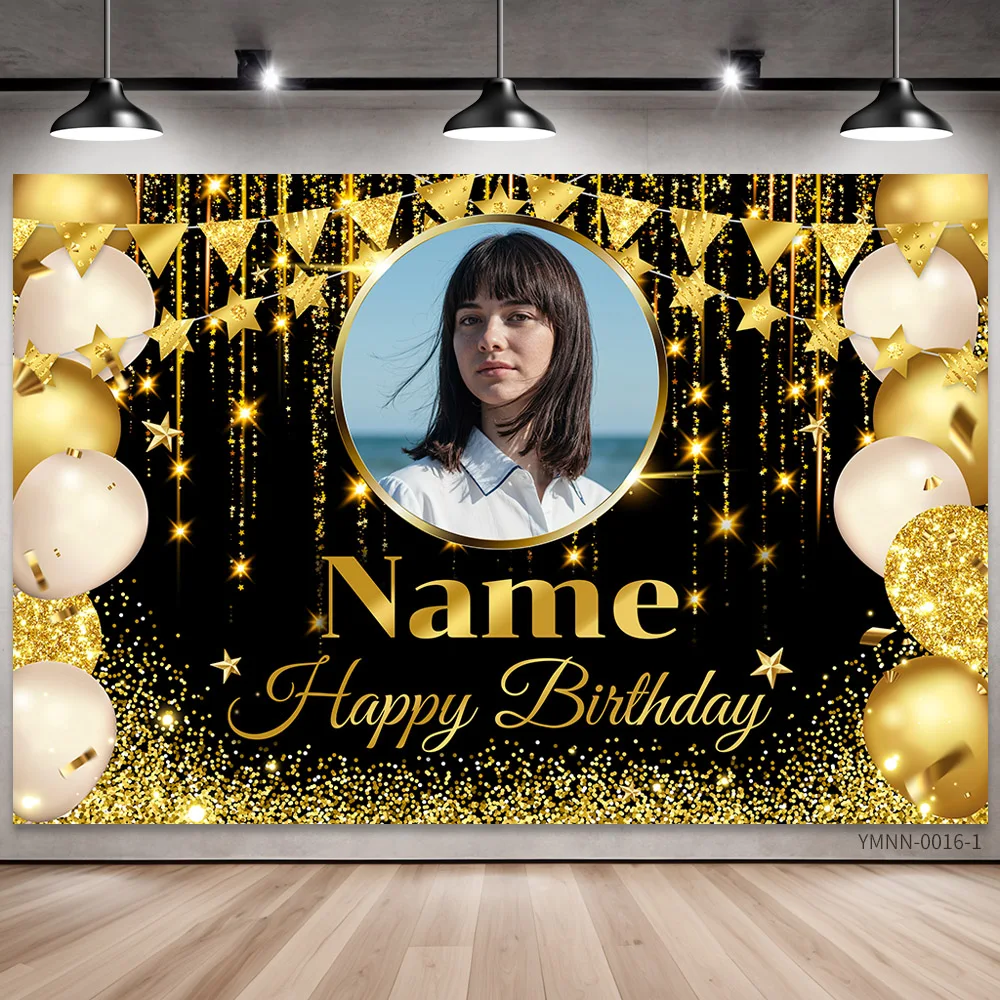 Custom Photo Name Birthday Backdrop Black and Gold Background Personalized Banner with Glitter Lights for Party Wall Decoration