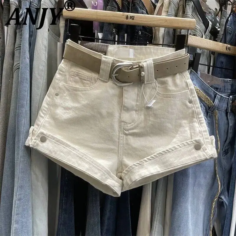 ANJY Spring Summer New Women American Style Spicy Girl Rolled Hem Denim Shorts Chic Solid Color Slim Fit A-Line Hot Pants A25504
