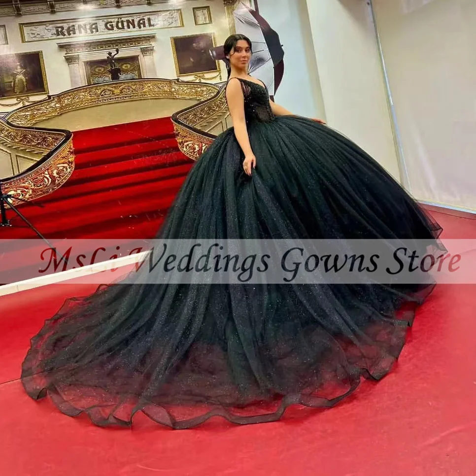 Vestidos de baile negros brillantes para quinceañera, vestidos de lentejuelas sin mangas con cuentas de lujo para graduación y Graduación