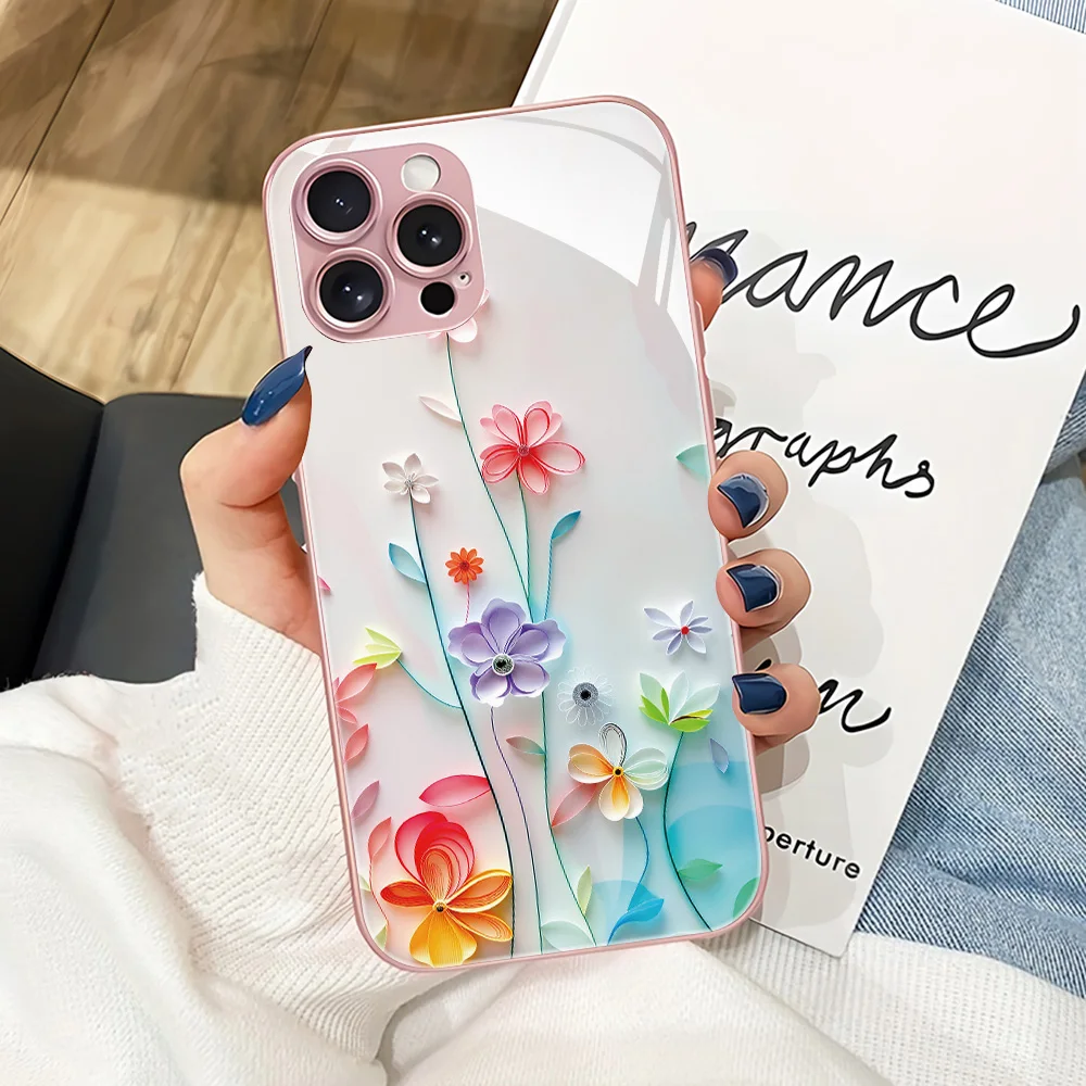 Funda de Vidrio Templado con Flores Rosas para iPhone 17, Fundas para iPhone 17 Pro Max, 17 Air, 16, 15, 14, 13, 12, 11, Cubierta Protectora Trasera con Bumper Suave
