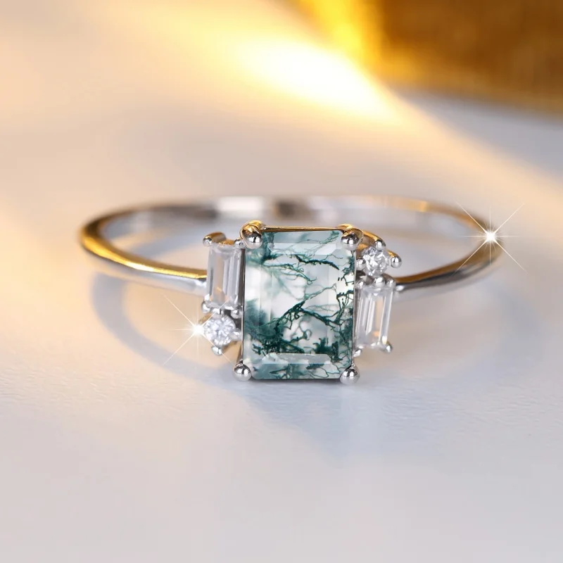 Exquisite and Non Fading Rectangular Water Grass Edge White Diamond Ring, Niche Design, Artistic Atmosphere, Handmade Jewelry
