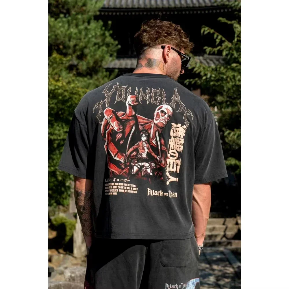 

Men's T-shirt Prue Cotton Tshirt Japanese Animation Pattern Printing Men's Loose Training Clothes Breathable Unisex Riding Tees