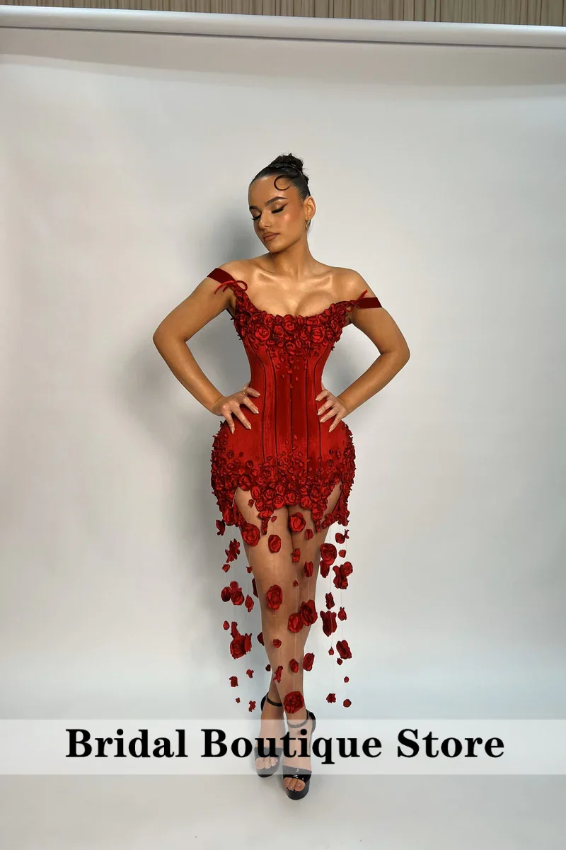 

Chic Red Prom Dresses Satin Boning Short Draped Floral Cocktail Dress Sheath Sexy Homecoming Party Gowns Flowers Customized