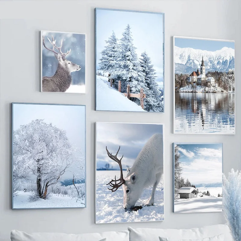 Home Decor Art Canvas Poster Nordic Winter Snow Natural Landscape Painting Lake Mountain Tree Deer Picture Restaurant Decoration