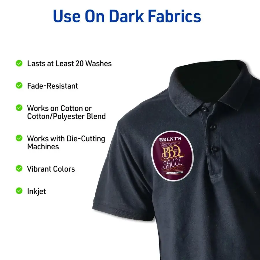 ورق نقل حراري قابل للطباعة للأقمشة الداكنة، 8.5 × 11، متوافق مع الطابعة النافثة للحبر، 30 ورقة من الحديد على ورق نقل إجمالي 6