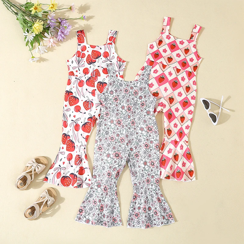 

2024-05-06 Lioraitiin Toddler Girl Bell Bottom Jumpsuit Flower Print Square Neck Sleeveless Flare Pants Romper Baby Overalls