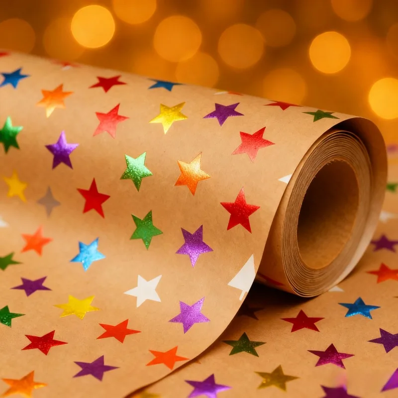 Gold Leaf Star Gift Wrapping Paper, Laser Packaging Paper, (43x300 cm) Paper, Suitable for Birthdays and Party