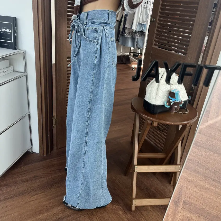 Retro Washed High Waist Jeans For Women Korean Simple Solid Color Spring New Lace-up Fringed Pleated Wide Leg Denim Pants