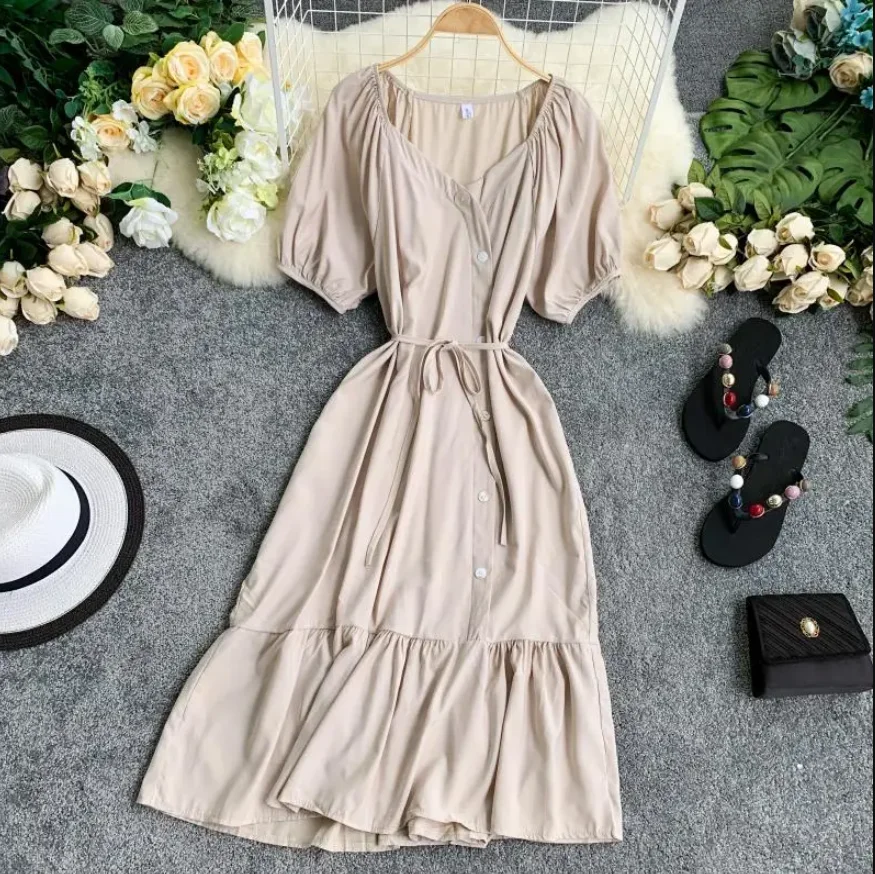 Women Summer O-Neck Short Lantern Sleeve Pleated Ball Gown Dress Casual Lace Up Bandage Elastic Slim High Waist Pullover Dresses