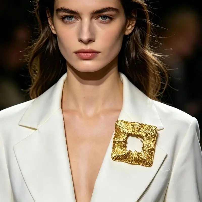 Large Square Textured Gold Brooch Statement Irregular Hollow Pin For Blazer And Coat Decoration