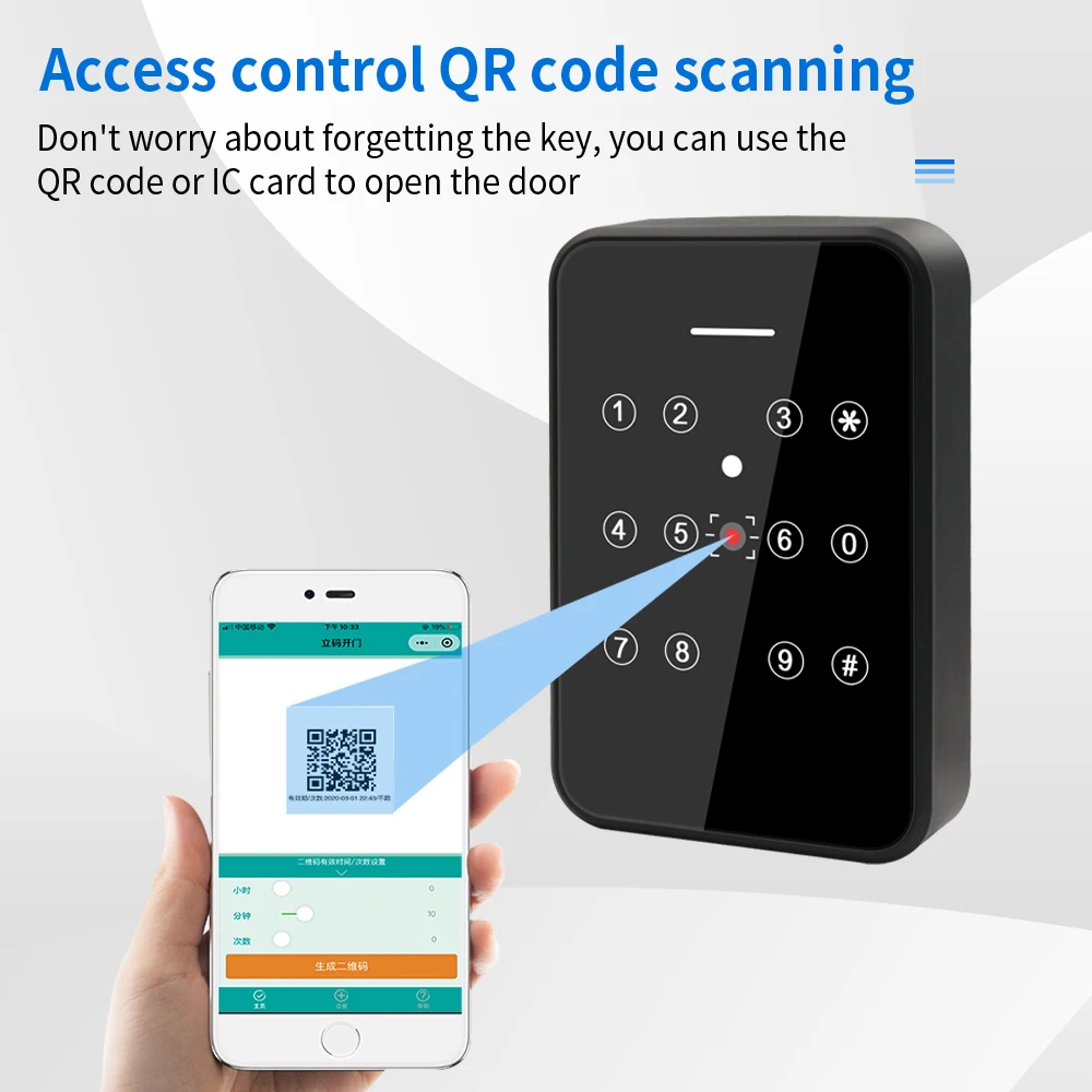 

13.56MHz RFID Keyfob Access Control Lock Barcode Reader QR Code RS232 RS485 Wiegand 20000 User System Kit for Security