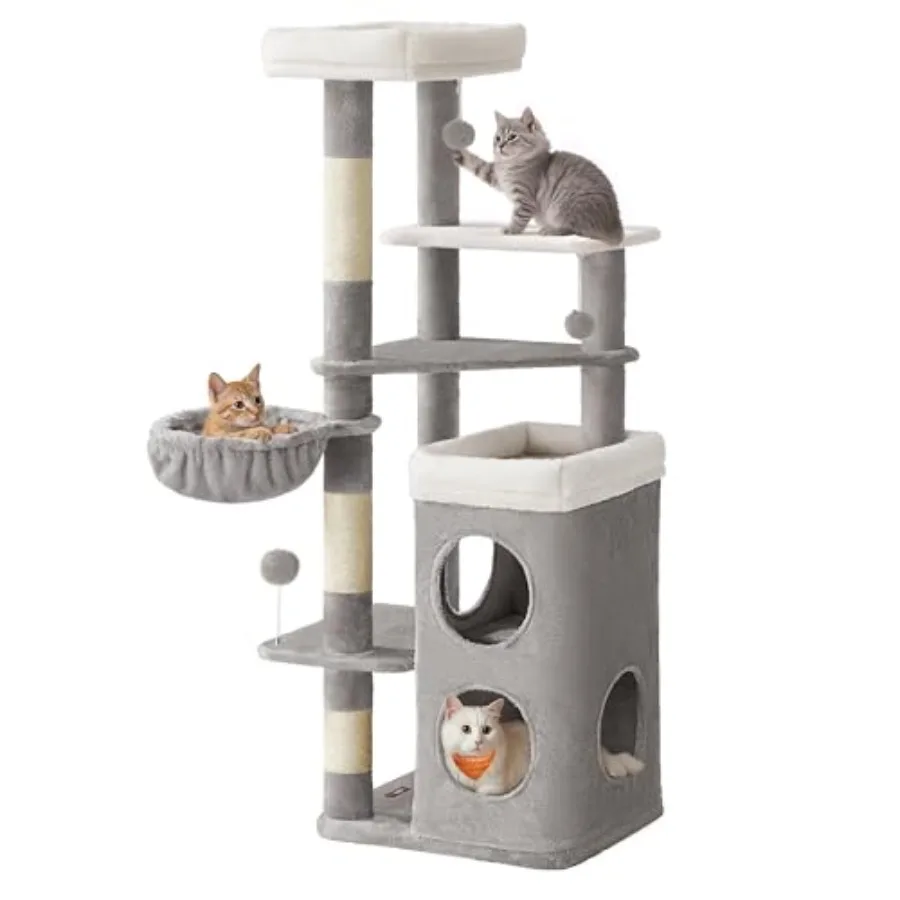 

60-Inch Cat Tree with Multiple Levels and Plush Design in Dove Gray for Cats Features 2 Caves 3 Scratching Posts 3 Perches Idea