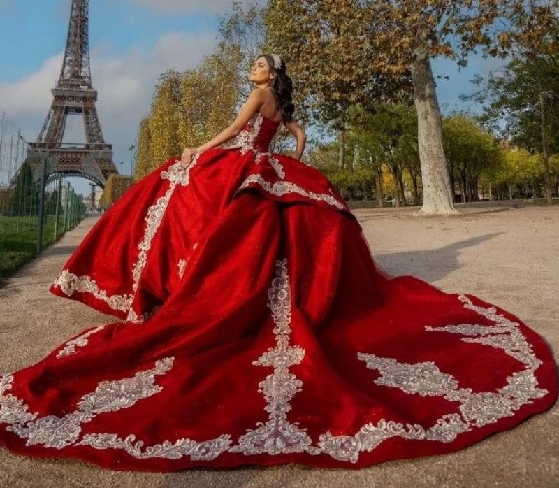 Lorencia-vestido De quinceañera rojo bordado, vestido De baile, apliques De encaje, cuentas De lentejuelas, dulce mexicano 16, años XV, YQD382, 2023