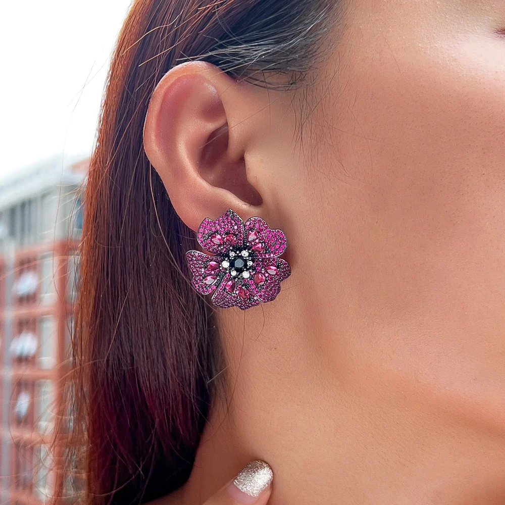 CWWZircons Luxury Shiny Fuchsia Red Cubic Zirconia Pave Big Chunky Statement Flower Drop Earrings for Women Party Wedding CZ758