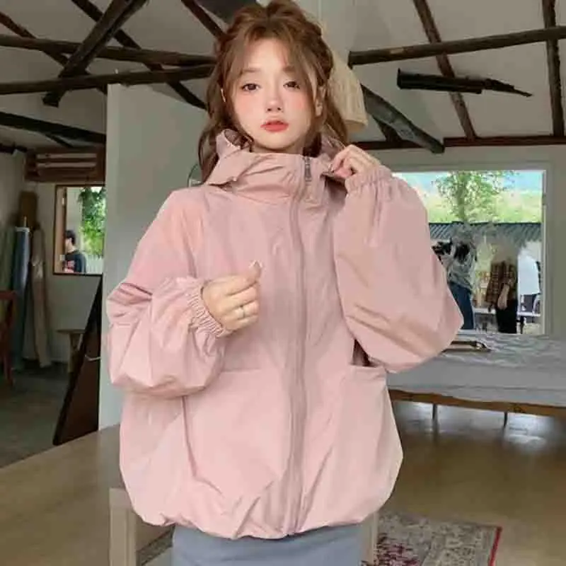 Women Summer Solid Color Loose Fit Sunscreen Clothing Jacket Female New Appear Thin Hooded Long Sleeved Sunscreen Clothing Coat