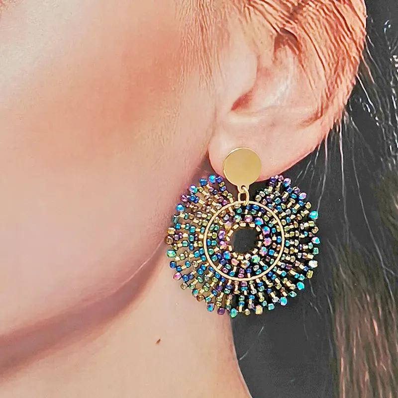 Beaded earrings Crystal Dazzling Roundness Hollow out Originality Hand knitting Bohemia Alloy Tide Simple Rice bead earrings