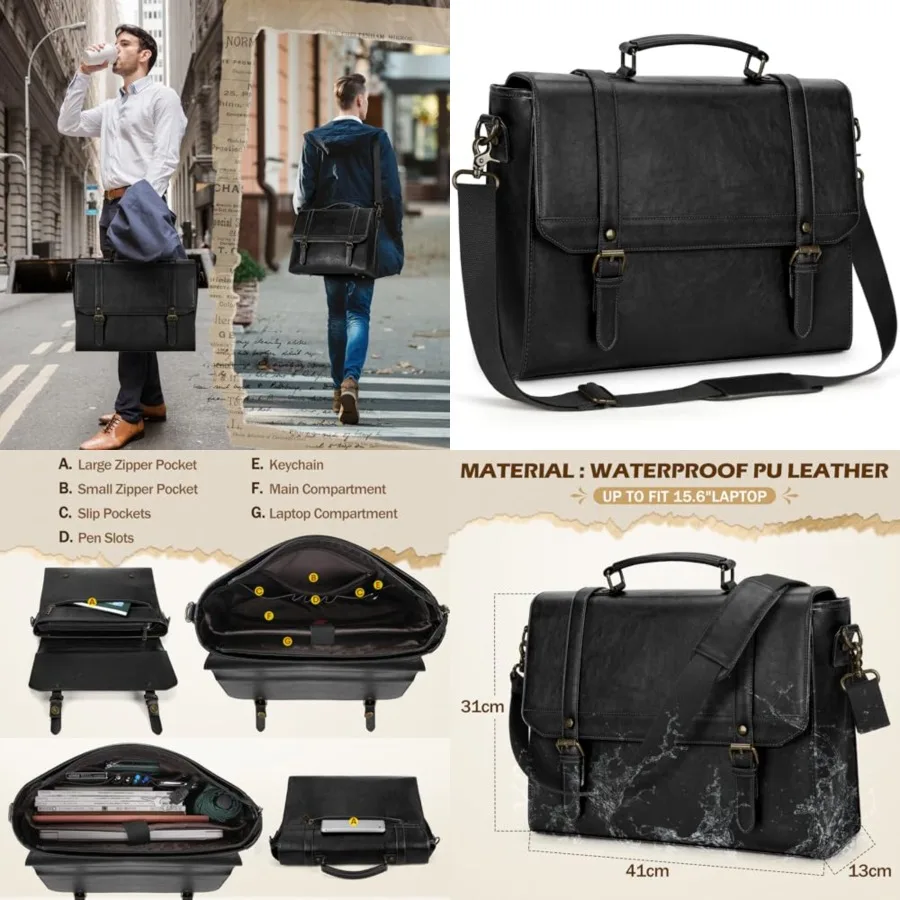 Messenger Bag for Men Vintage Leather Waterproof Laptop Briefcase for Men Large Computer Laptop Bag Leather Satchel Bag Retro S