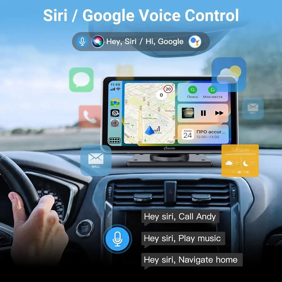 شاشة CarPlay اللاسلكية المحمولة للسيارة شاشة تشغيل السيارة مقاس 7 بوصات متوافقة مع مشغل الوسائط المتعددة Android Auto وApple CarPlay