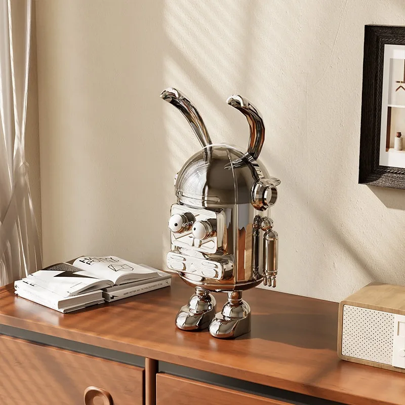 pp-Silver Robot Rabbit Figurine Statue Modern Home Decor Mini Mechanical Model Ornament Tabletop Resin Crafts Sculpture Gift