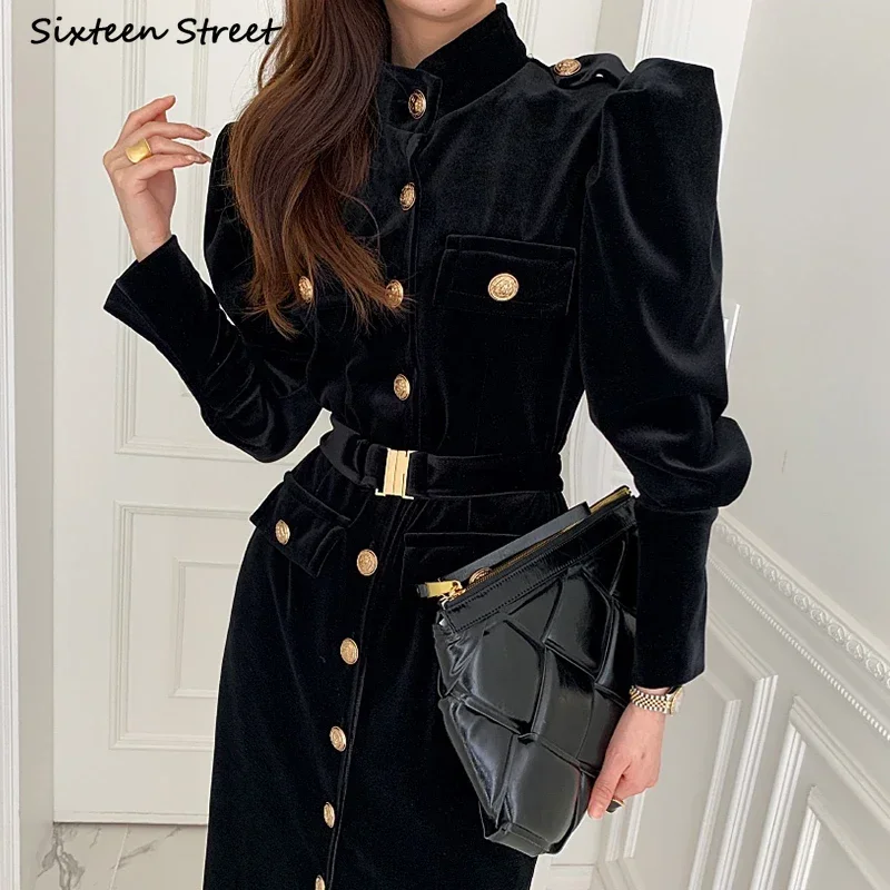 Autumn Winter Golden Button Black Dress for Women Chic Vintage Vestido Maxi Dresses Ladies Office Business Korean Clothing