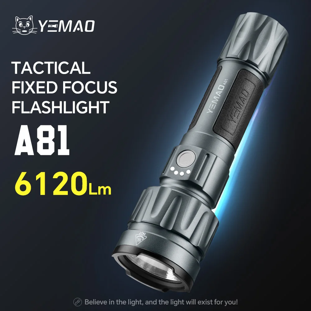 YEMAO-A81 6210LM Flashlight, USB-C Charging Search Lig, 500m Beam, 21700 Battery, Smart Display, IPX4Waterproof, Tactical Switch