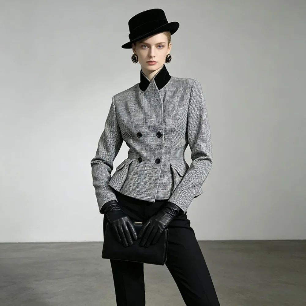 Women Autumn Winter Houndstooth Blazer Jacket Elegant Design Short Slim Fit Chic Minimalist Daily Casual Versatile New
