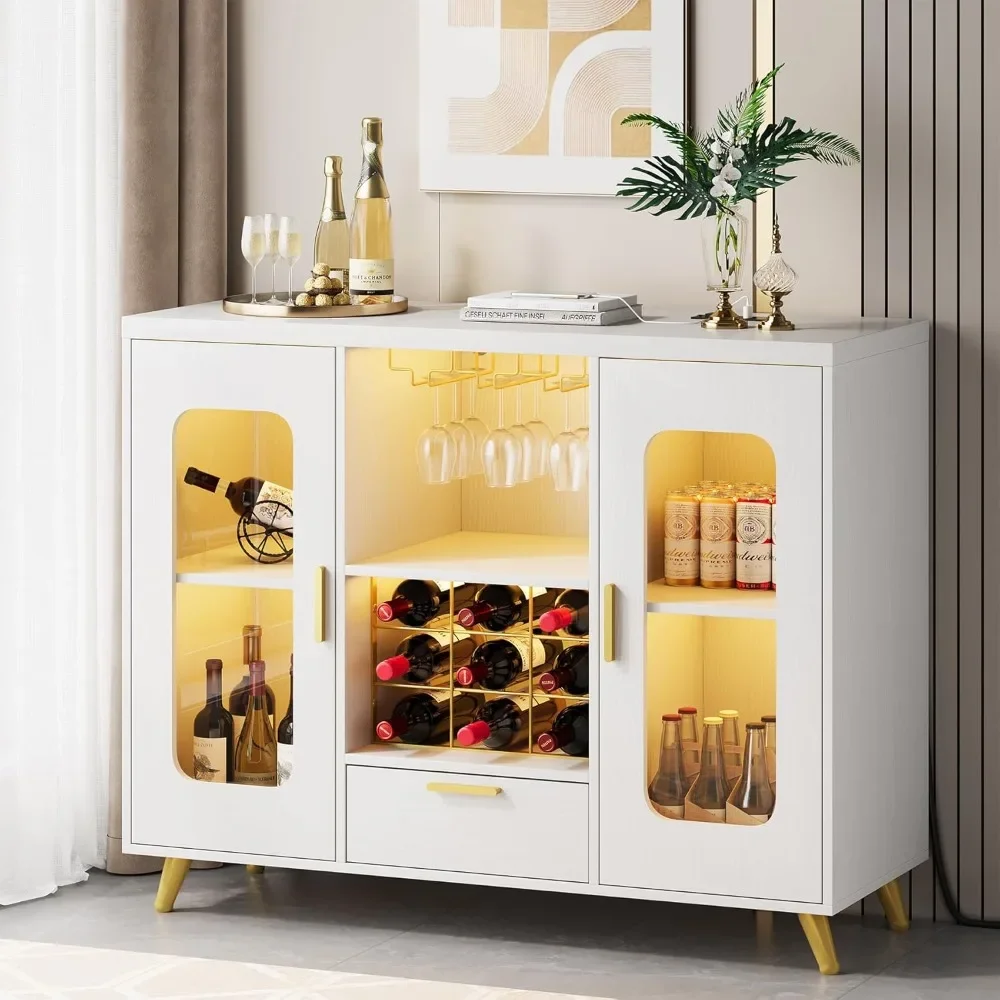 

Wine Bar Cabinet with LED Light, Modern Coffee Bar Cabinet with Power Outlet, Liquor Cabinet with Wine Rack Glasses Holder