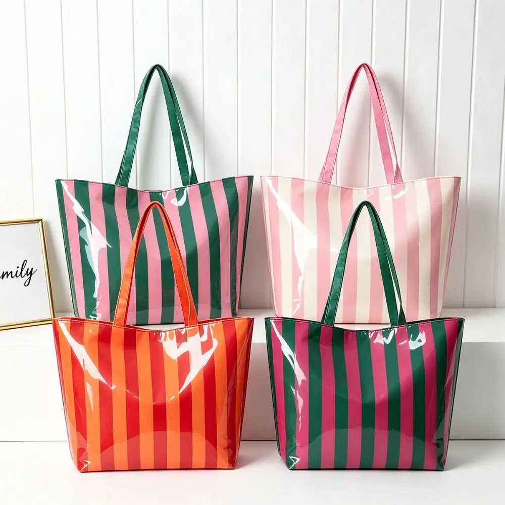 High Quality Waterproof Striped Shoulder Purse Long Strap PVC Tote Bag Top Handle Beach Bag Beach Summer Pool Vacation Travel