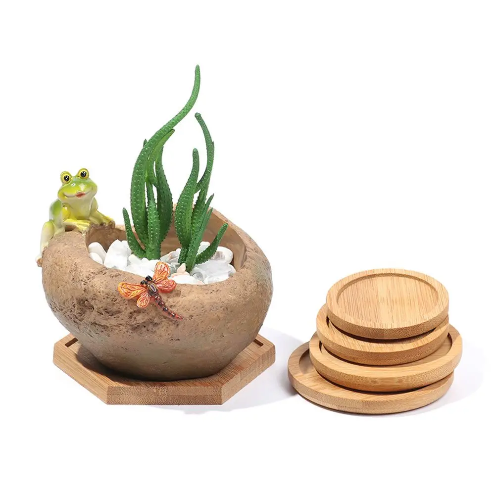 Bamboo Wood Tray Simple Round Square Hexagon Rectangle Flowerpot Base Planters Pot Stander Succulents Bonsai Holder Home Decor