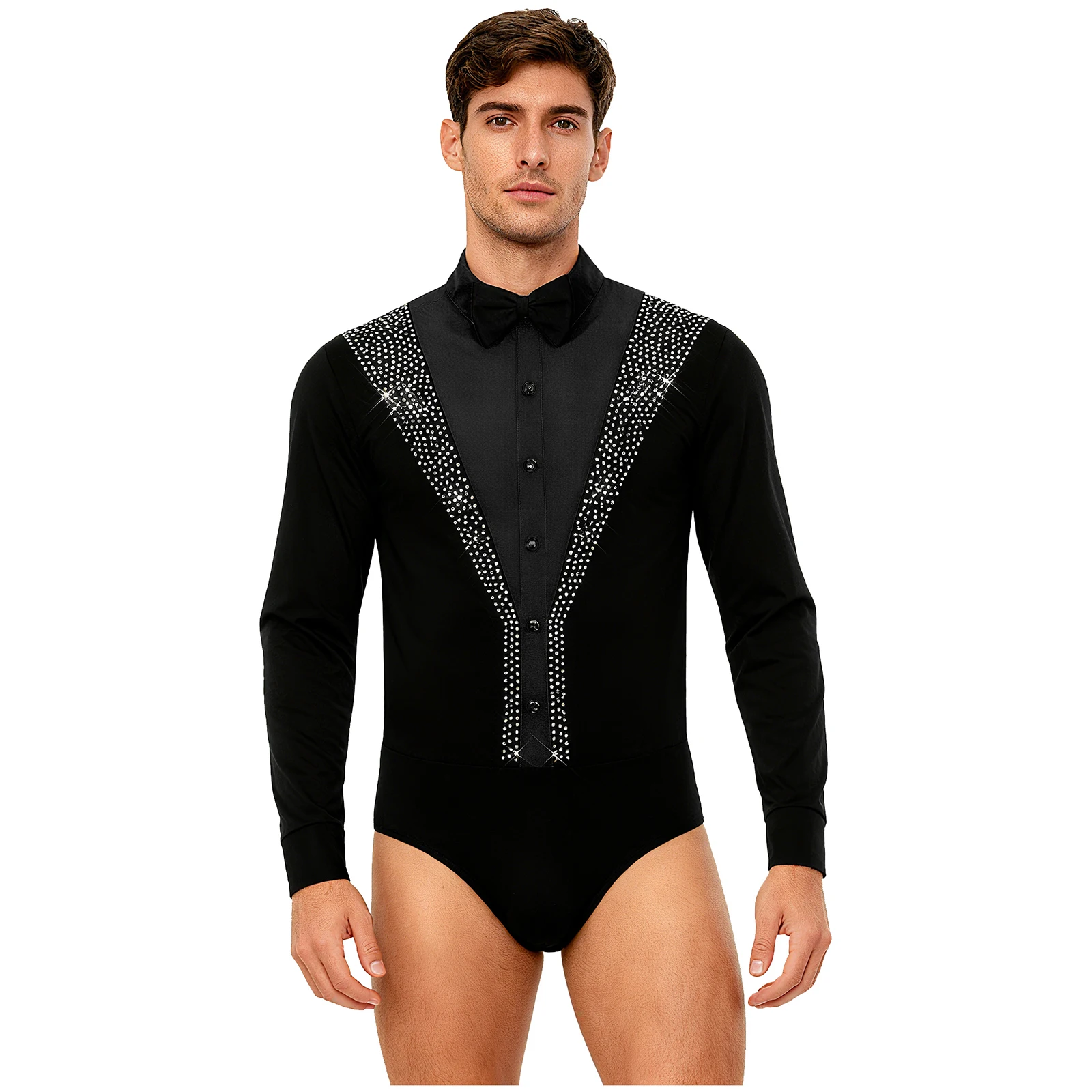 

Мужской купальник для латинского джаза, танго, бальных костюмов для фигурного катания, гимнастики, костюм с длинными рукавами, блестящая рубашка с галстуком-бабочкой со стразами, боди