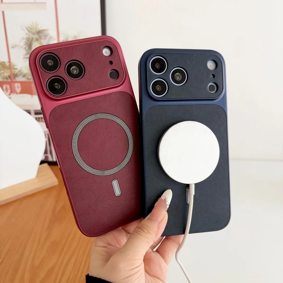 Retro Cowhide Leather Large Window For Magsafe Magnetic Phone Case For iPhone 18 17 16 15 14 13 Pro Max Shockproof Bumper Cover